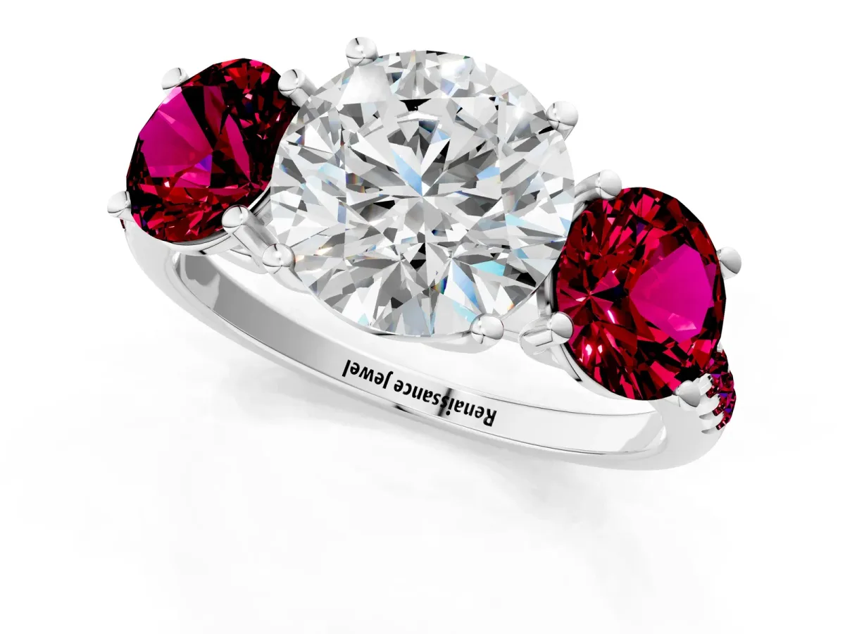 Three-Stone Round Cut Diamond Ring with Round Garnet Pavé Band and Prong Setting Platinum