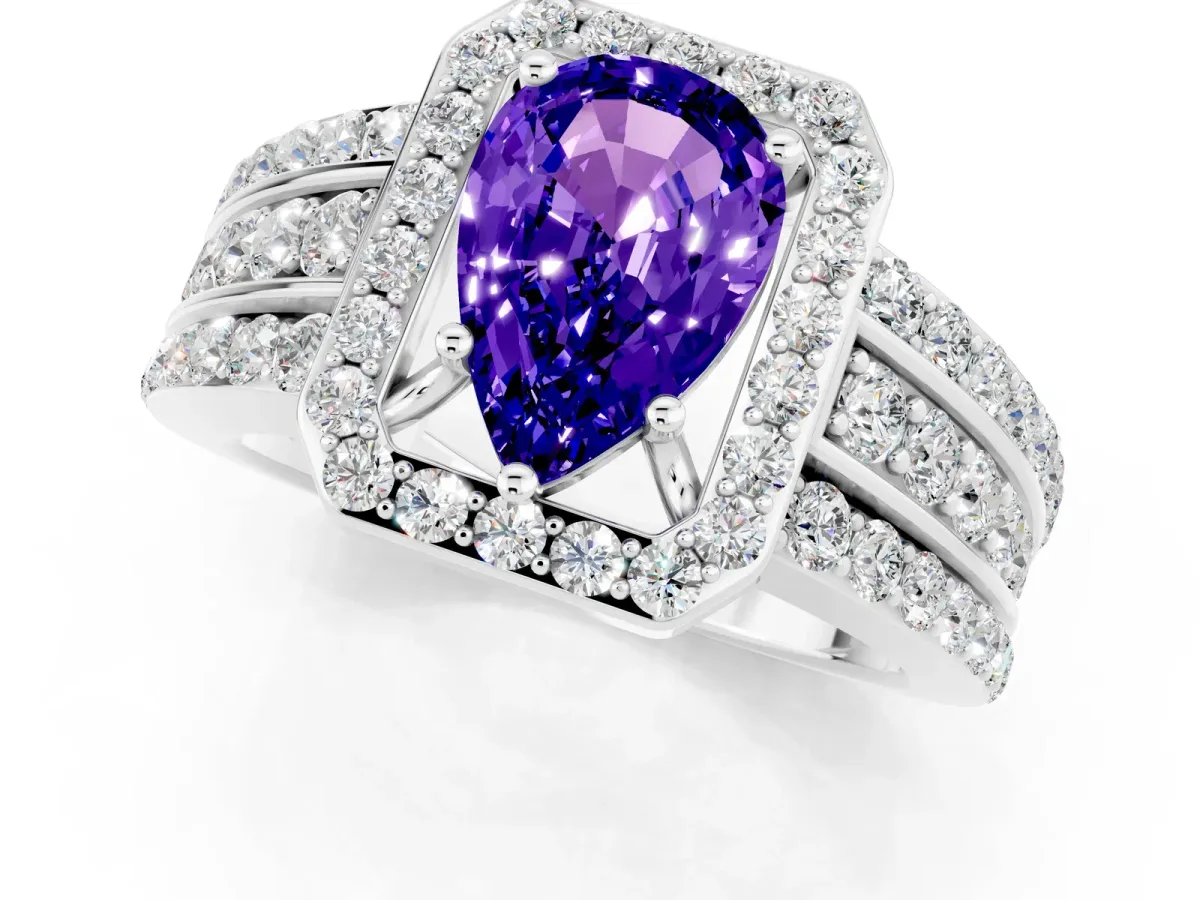 Pear Cut Halo Tanzanite Ring with Round Split Shank and Prong Setting White gold
