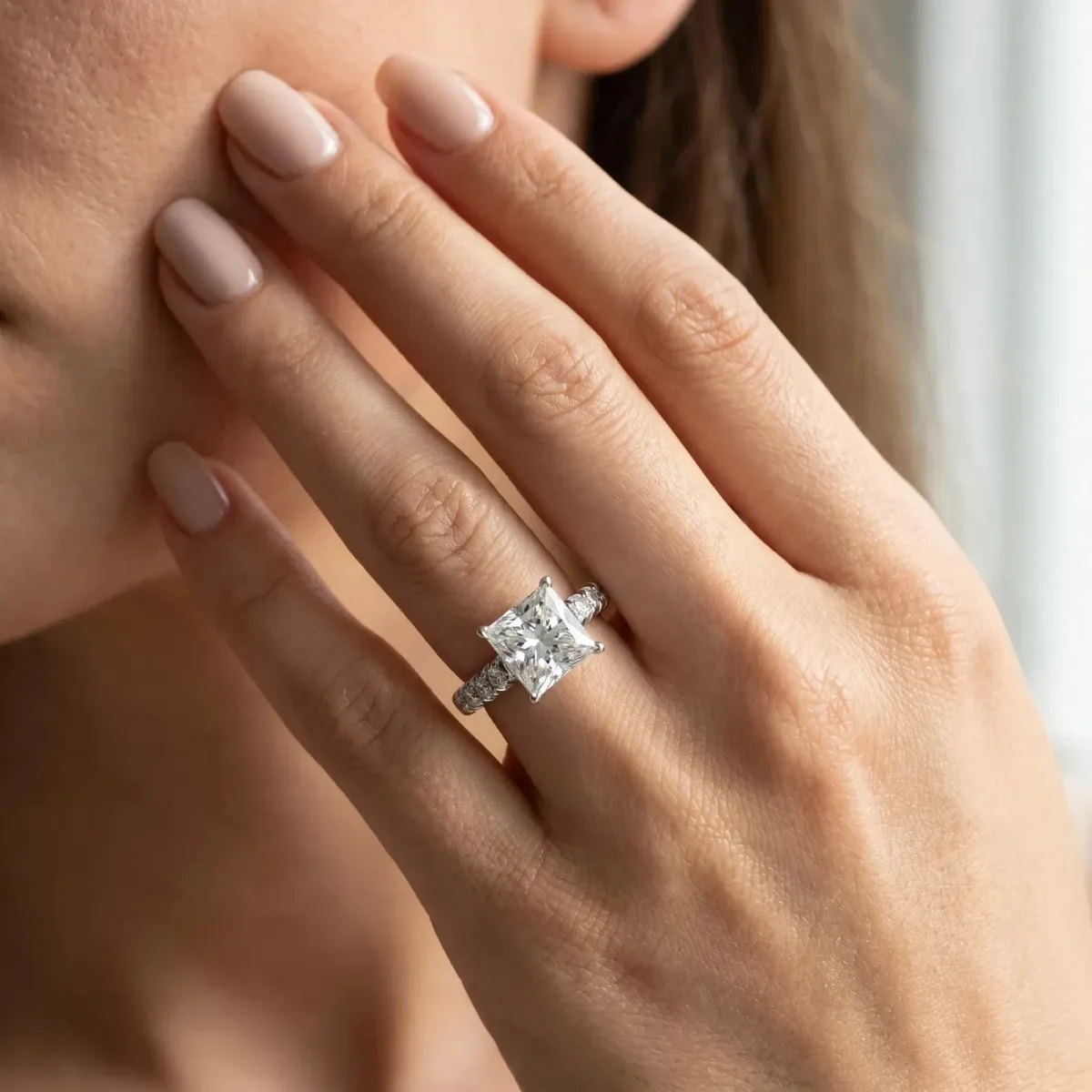 Princess Cut Diamond Cathedral Solitaire Ring with Round Pavé Band Platinum