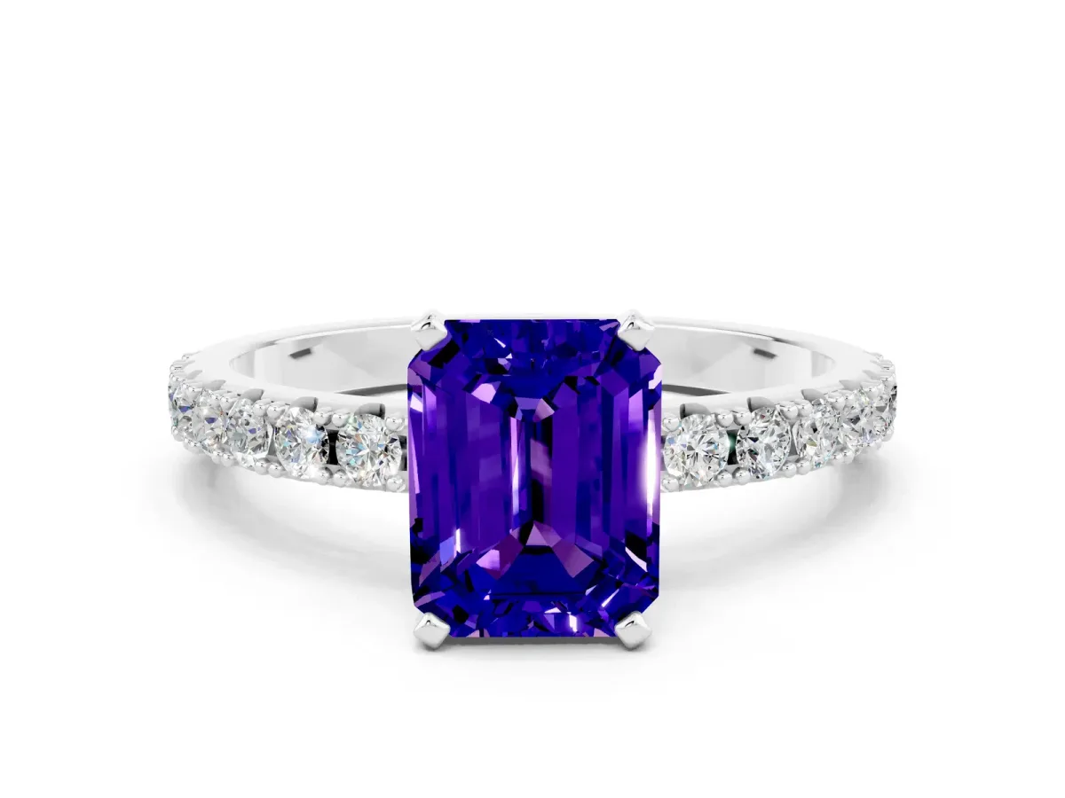 Emerald Cut Tanzanite Solitaire Pavé Band with Four-Prong Setting Silver