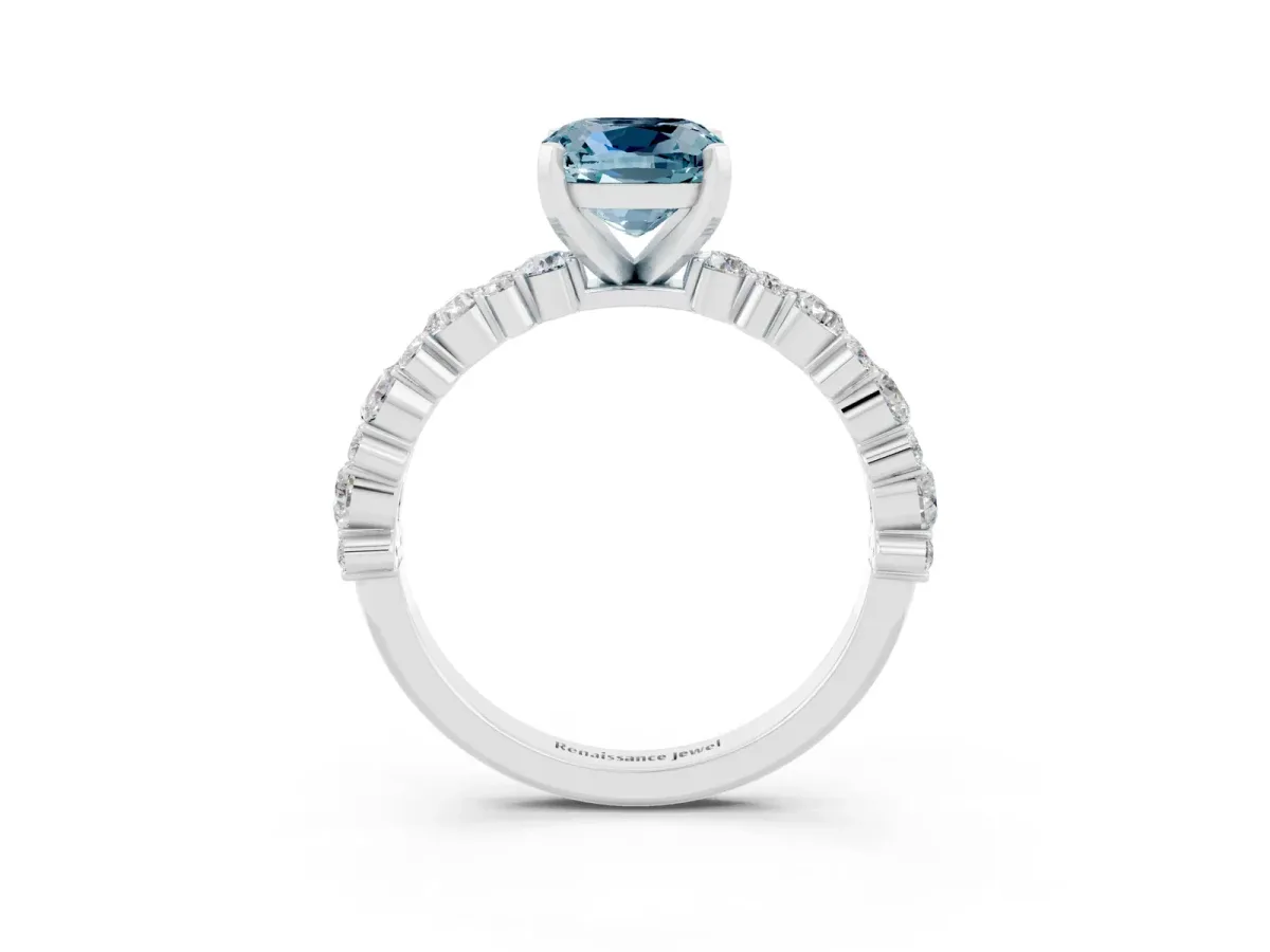 Cushion Cut Aquamarine Side Stone Solitaire Ring with Round and Four-Prong Setting Silver