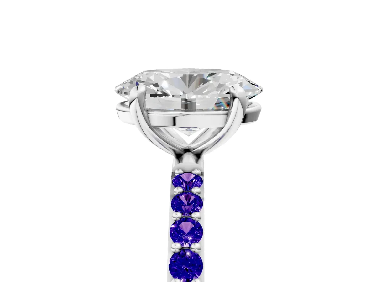 Oval Cut Diamond Solitaire Ring with Round Tanzanite Pavé Band and Prong Setting Silver