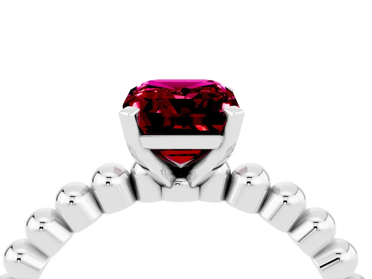 Emerald Cut Garnet Solitaire Ring with Beaded Band and Prong Setting Silver