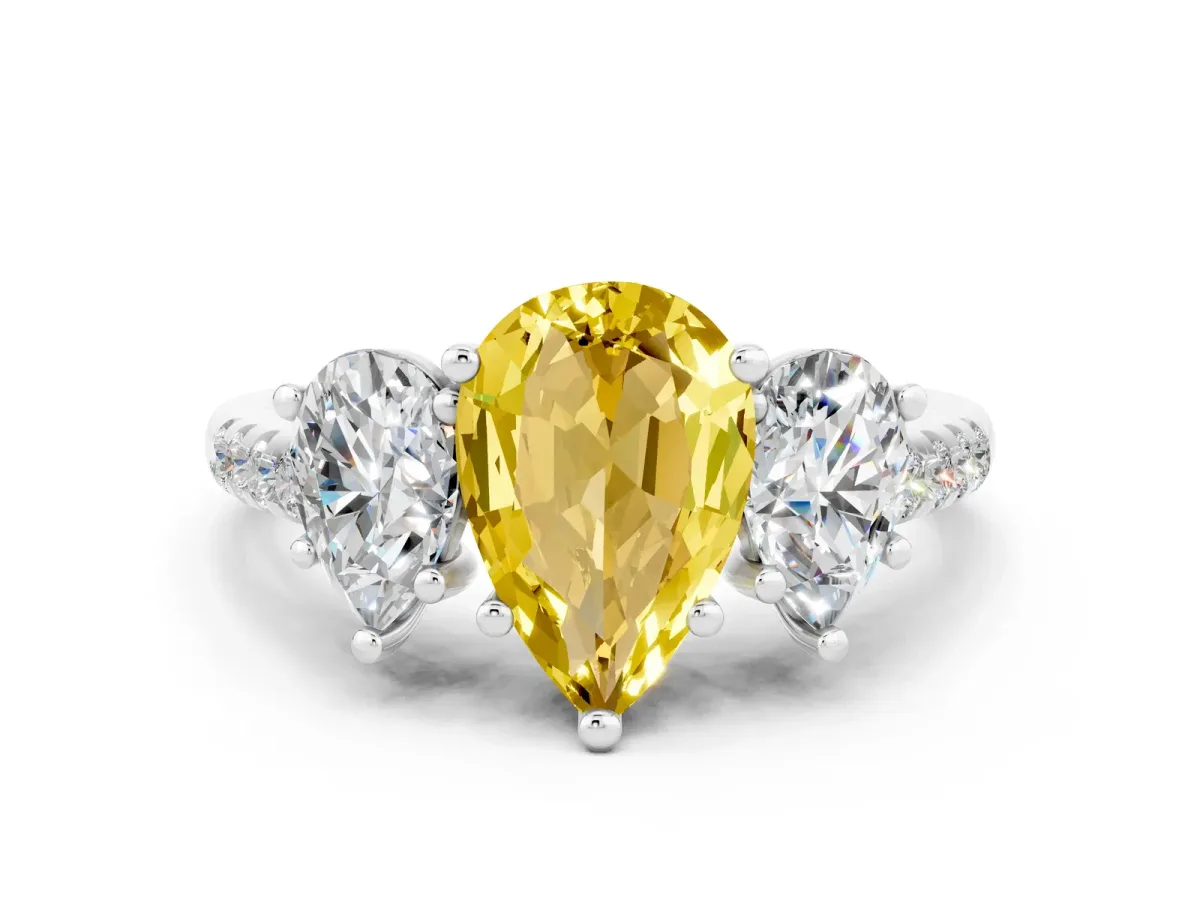 Three-Stone Pear Cut Yellow Sapphire Ring with Round Pavé Band and Prong Setting Silver