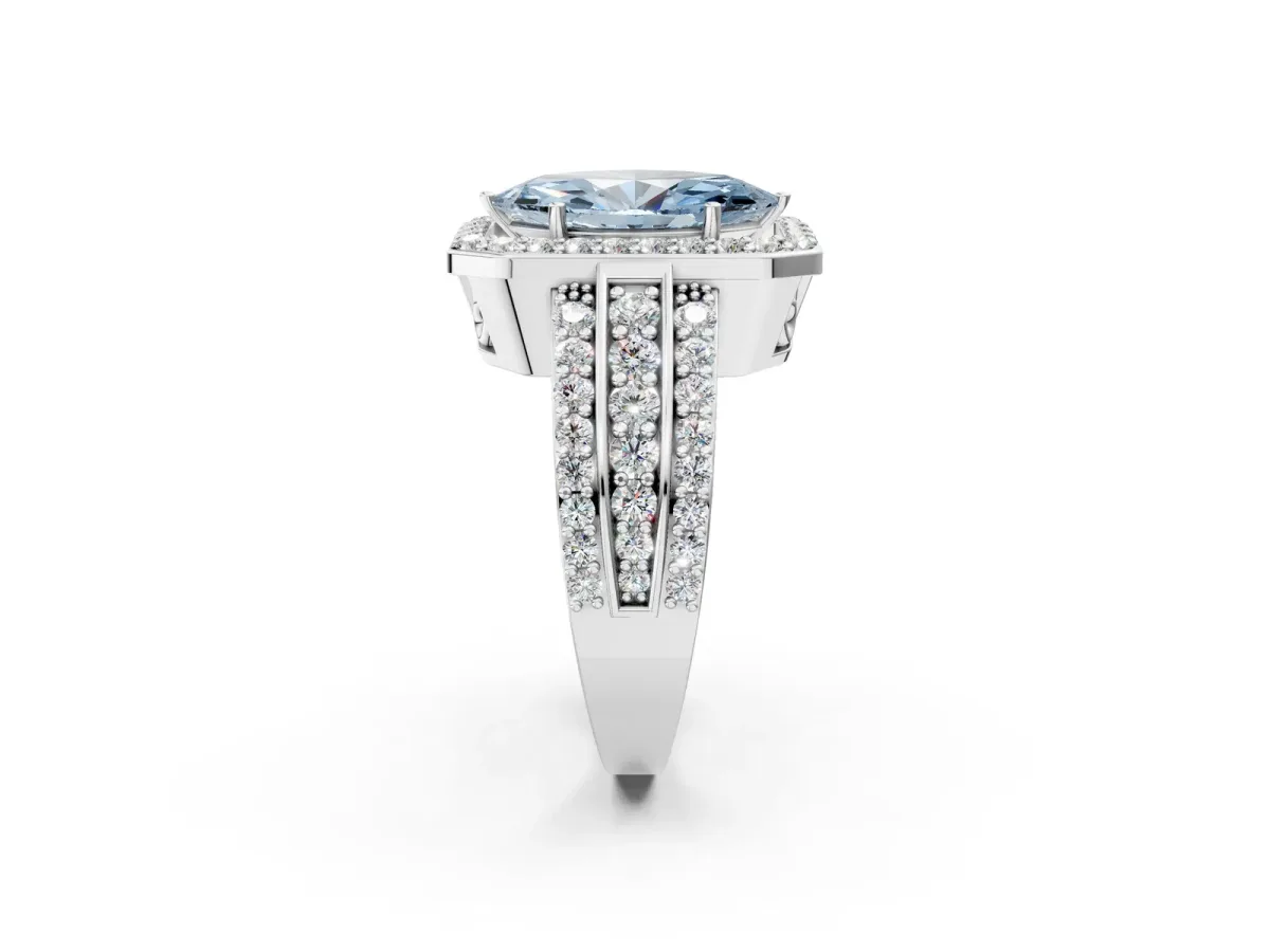 Fancy Blue Marquise Cut Halo Diamond Ring with Round Split Shank and Prong Setting Platinum