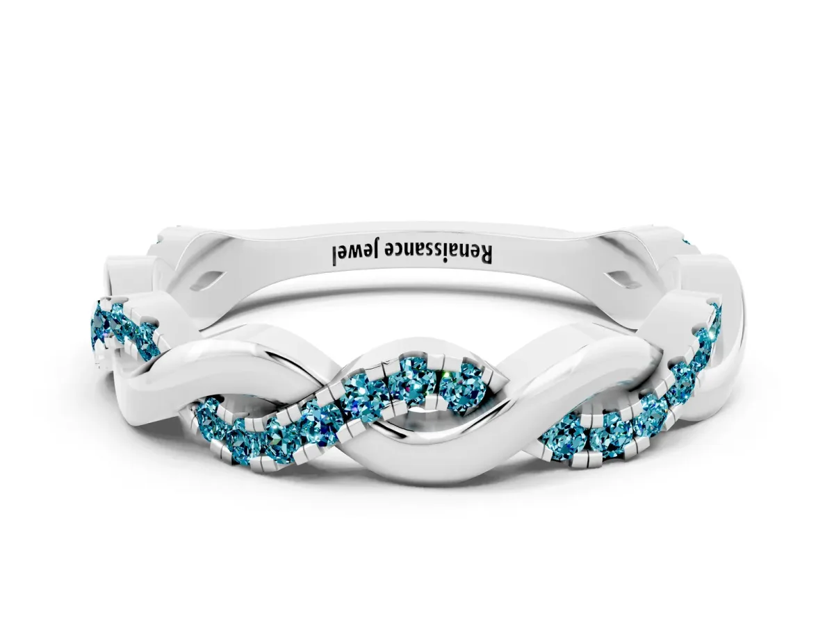 Pavé Round Blue Topaz Twist Eternity Band with Shared Prong Setting Silver