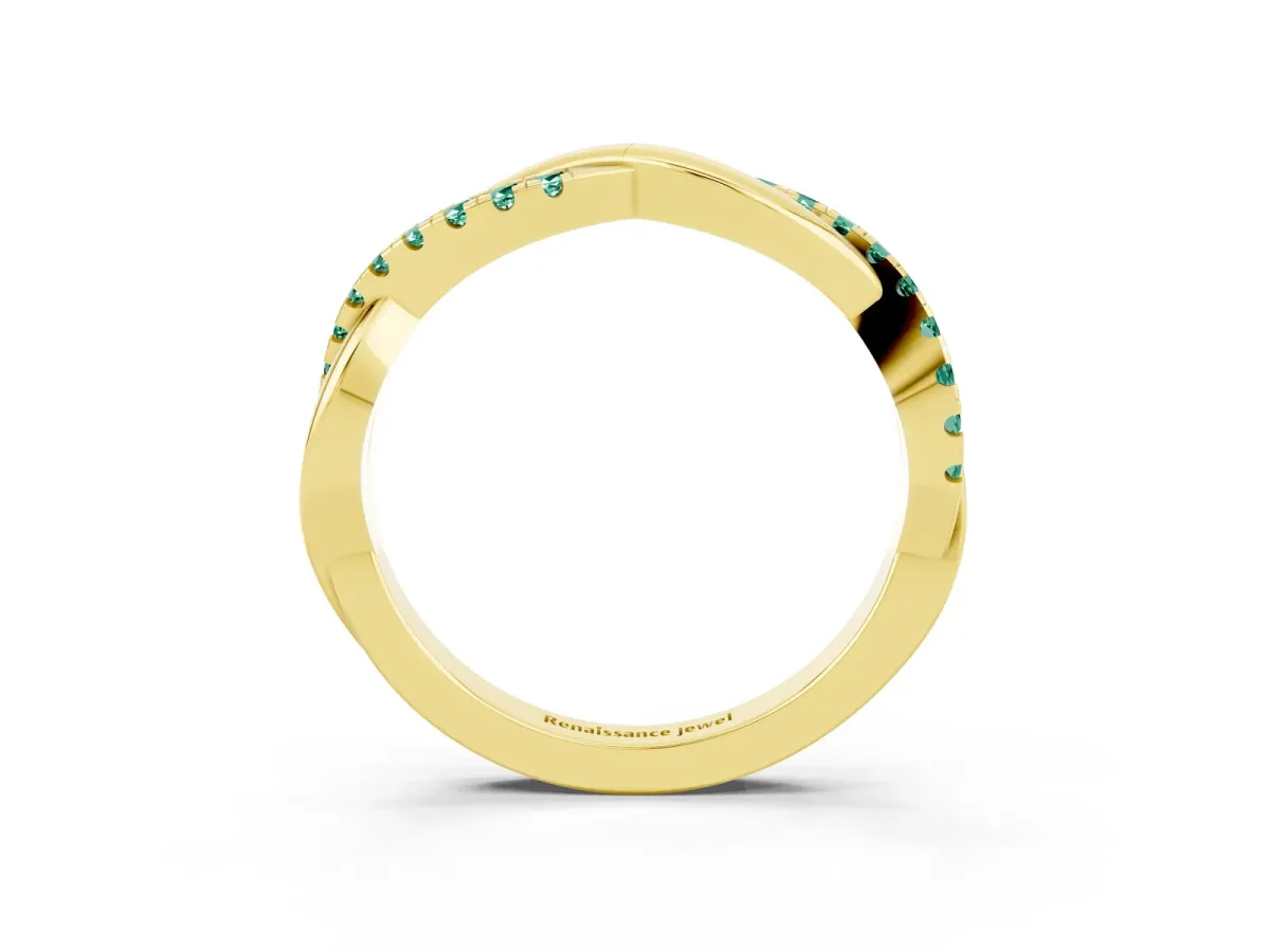 Round Green Sapphire Twisted Infinity Band with Prong Setting Yellow gold
