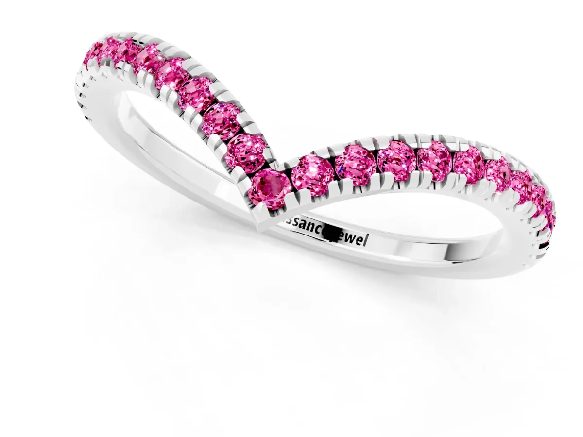 Pavé Round Pink Sapphire V-Shaped Chevron Band with Shared Prong Setting Silver