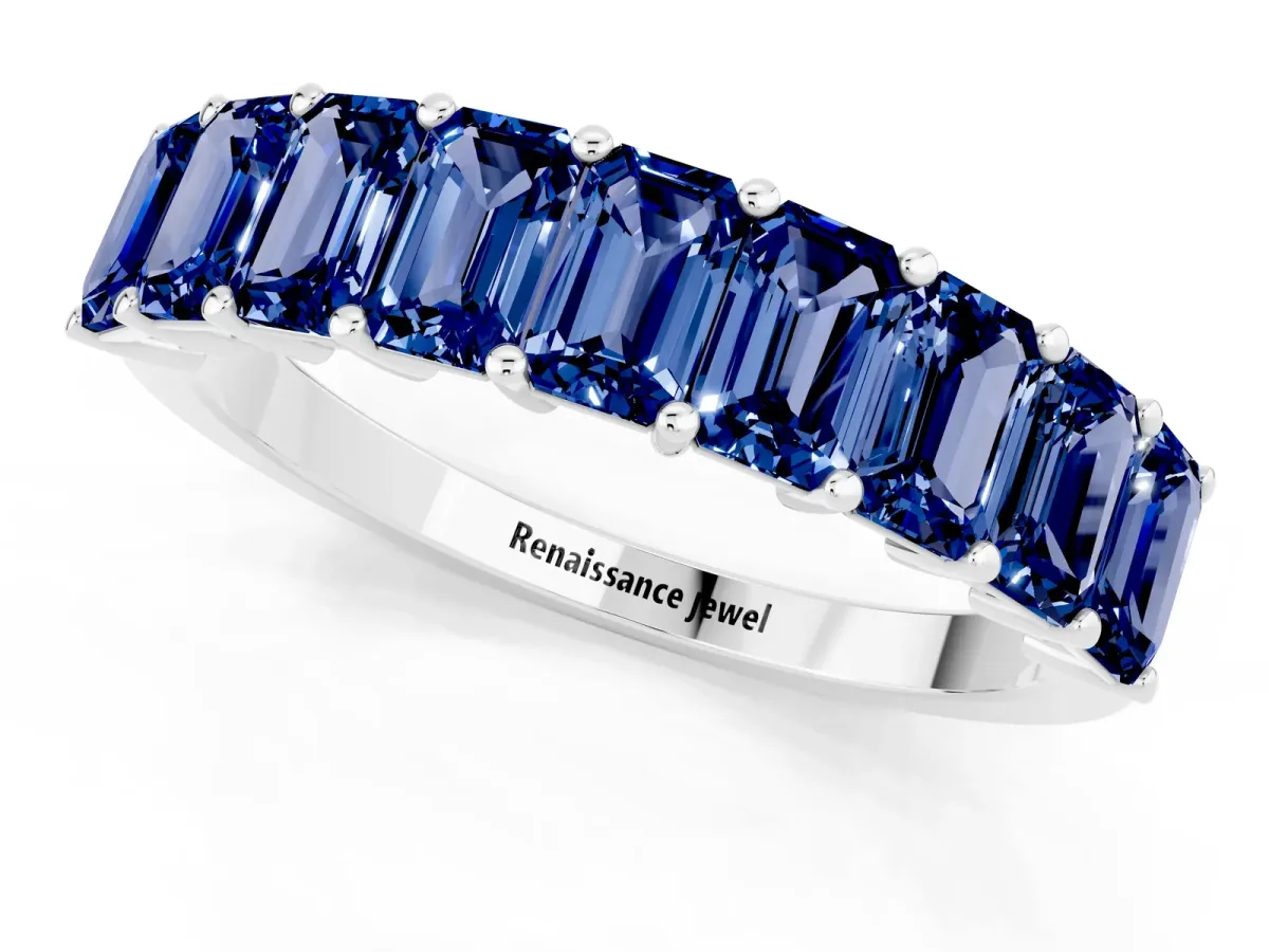 Emerald Cut Blue Sapphire Prong-Set Eternity Band Silver