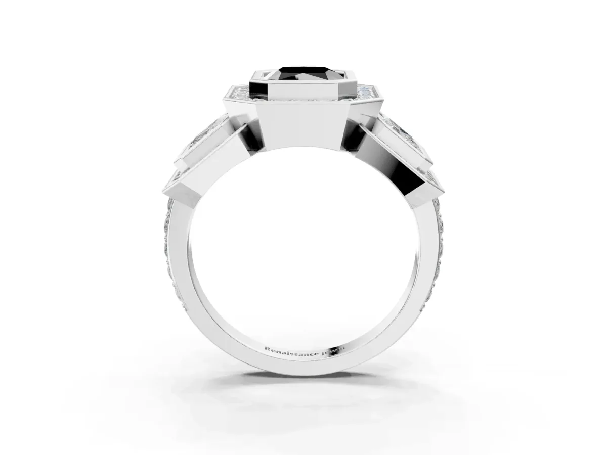 Fancy Black Three-Stone Radiant Cut Halo Pavé Diamond Ring Platinum
