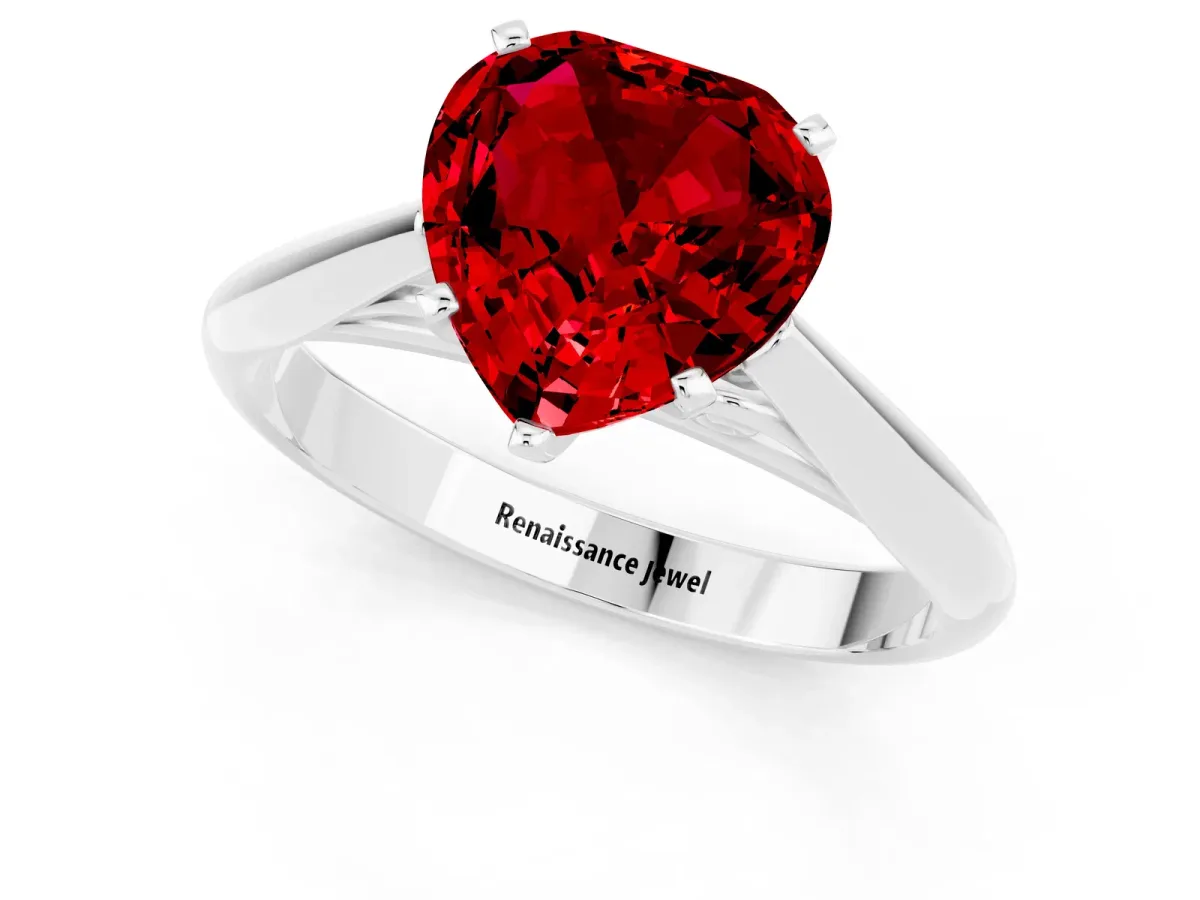 Heart Cut Ruby Solitaire Engagement Ring with Cathedral Setting and Four-Prong Mount White gold