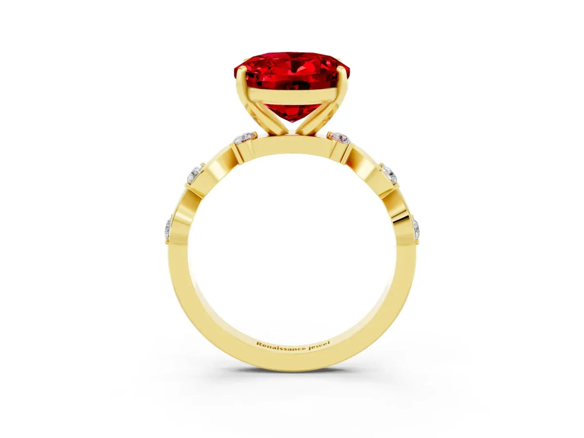 Oval Cut Ruby Solitaire Twisted Band with Round Accents and Prong Setting Yellow gold