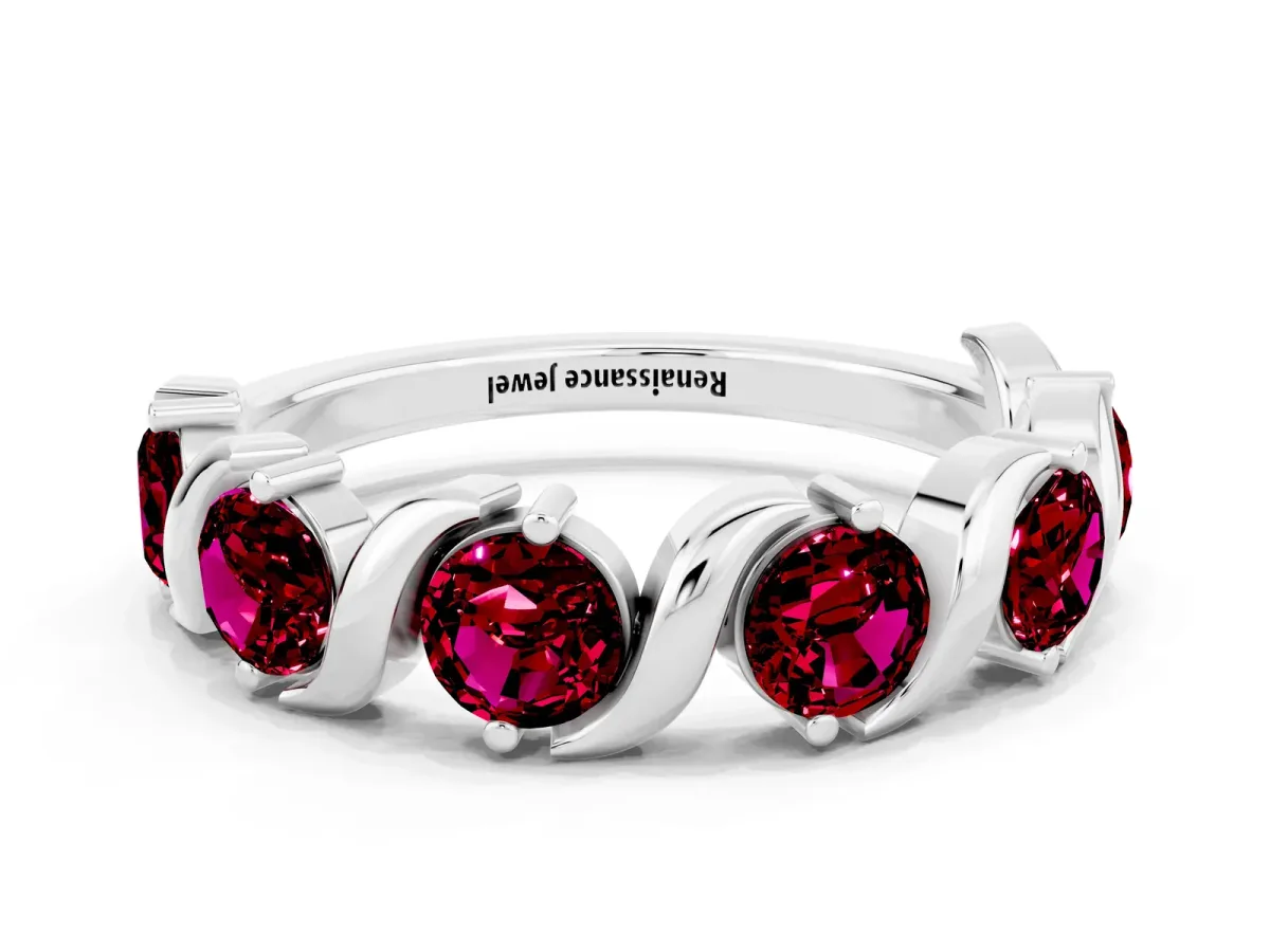 Six-Stone Round Garnet Wave Band with Shared Prong Setting White gold