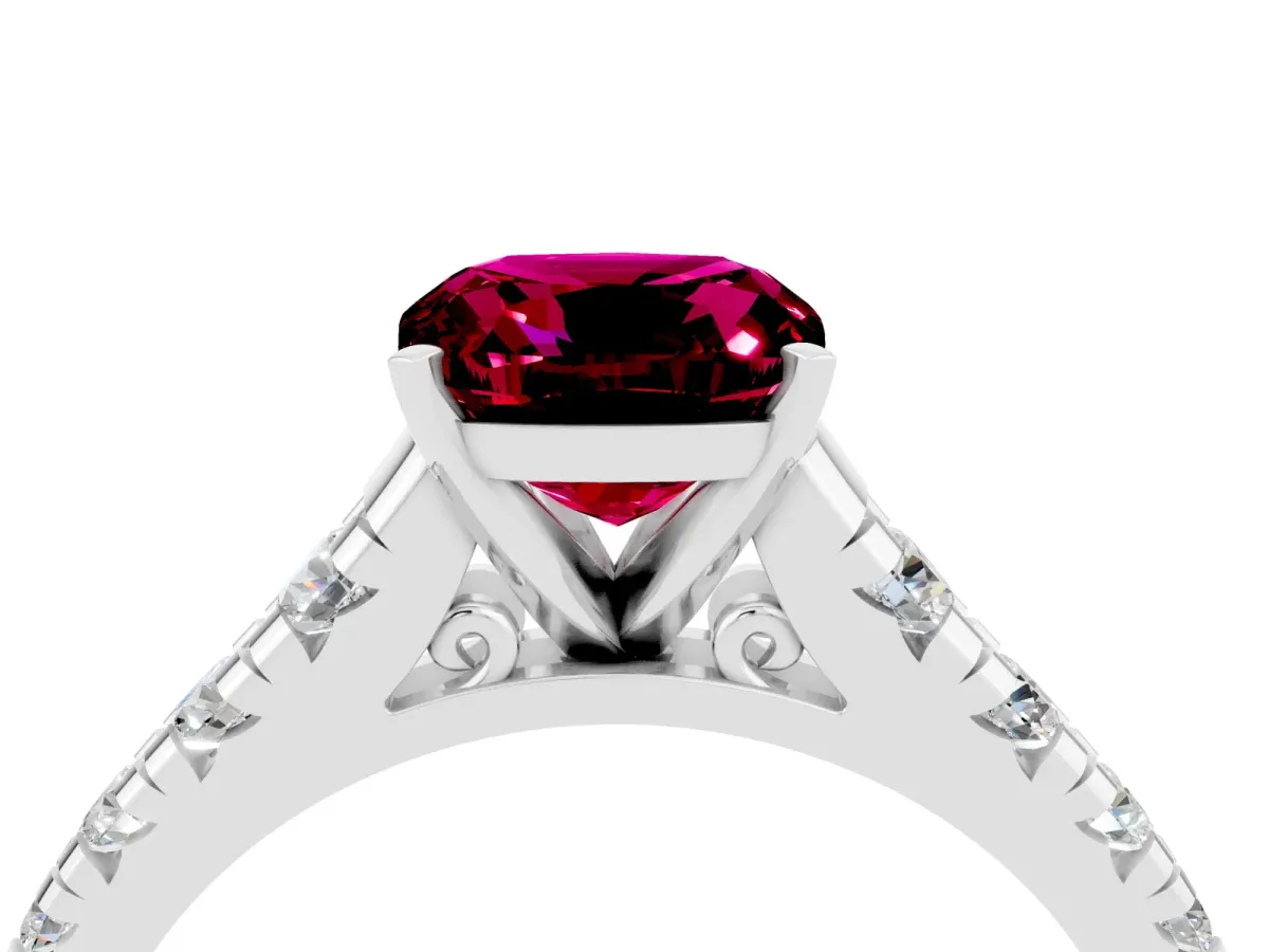 Cushion Cut Garnet Cathedral Solitaire Ring with Round Pavé Band Silver