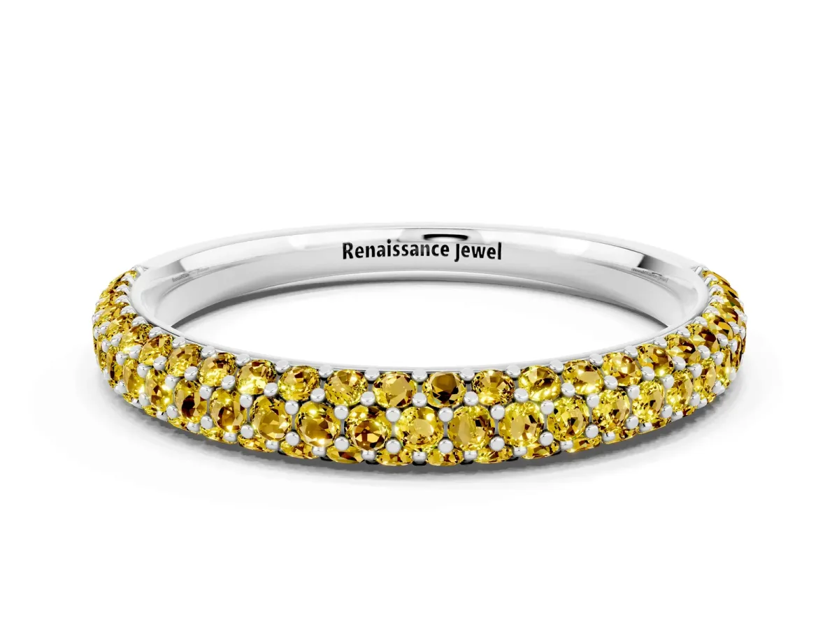 Round Yellow Sapphire Pavé Eternity Band with Shared Prong Setting Silver
