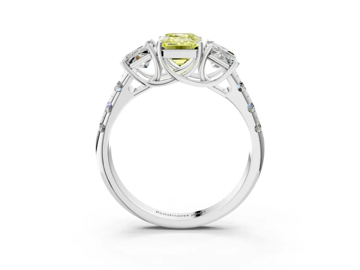 Fancy Yellow Three-Stone Emerald Cut Diamond Pavé Band with Prong Setting Platinum