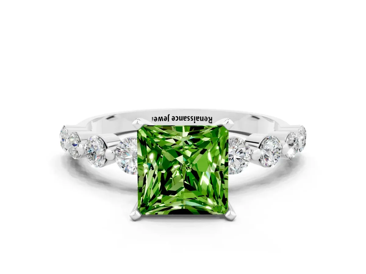 Princess Cut Solitaire Peridot Ring with Pave Band and Four-Prong Setting Platinum