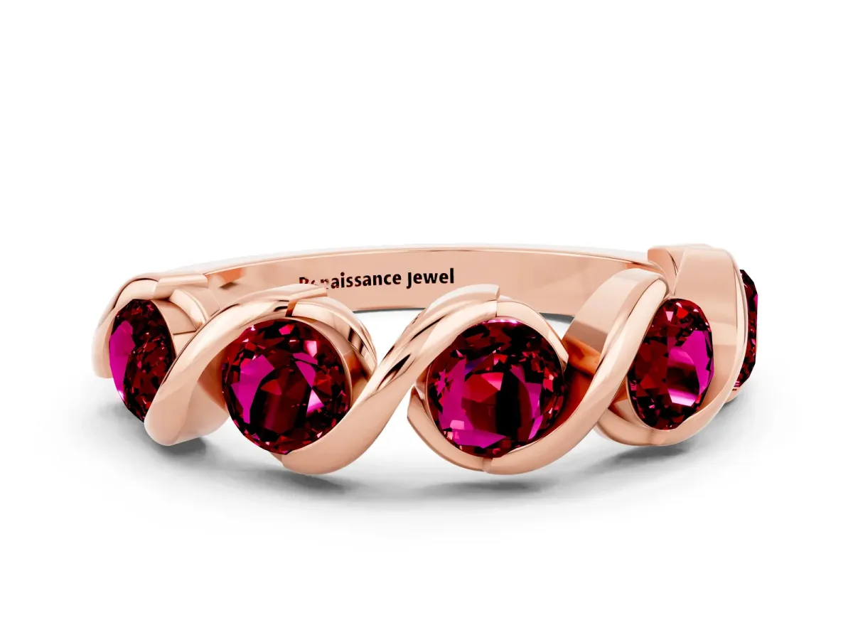 Round Garnet Wave Band with Channel Setting and Shared Prongs Rose gold