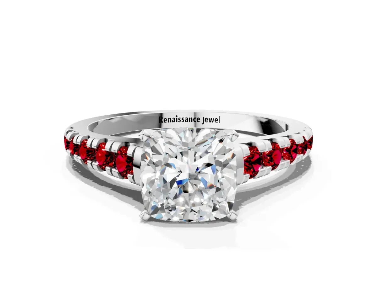 Cushion Cut Diamond Cathedral Solitaire Ring with Round Ruby Pavé Band White gold