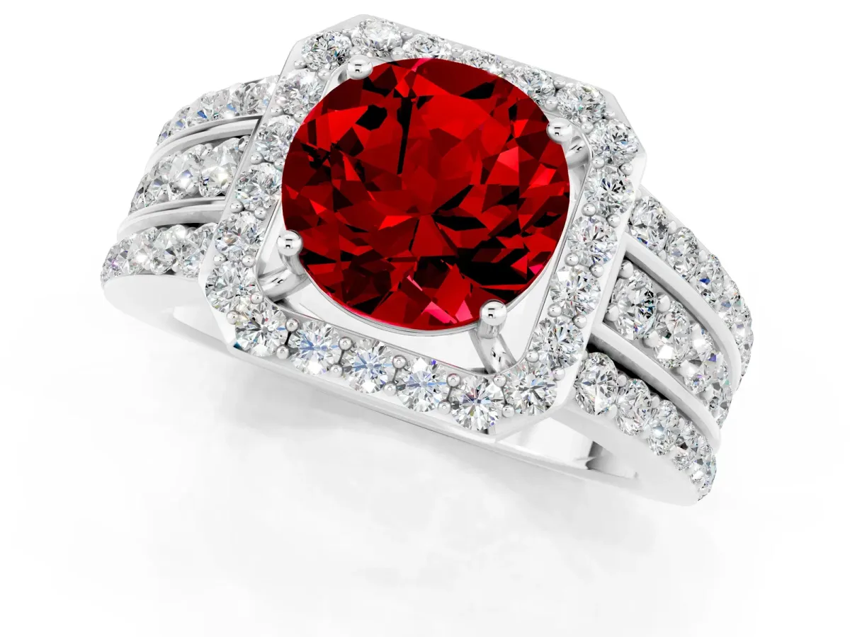 Round Cut Halo Ruby Ring with Round Split Shank and Prong Setting Platinum