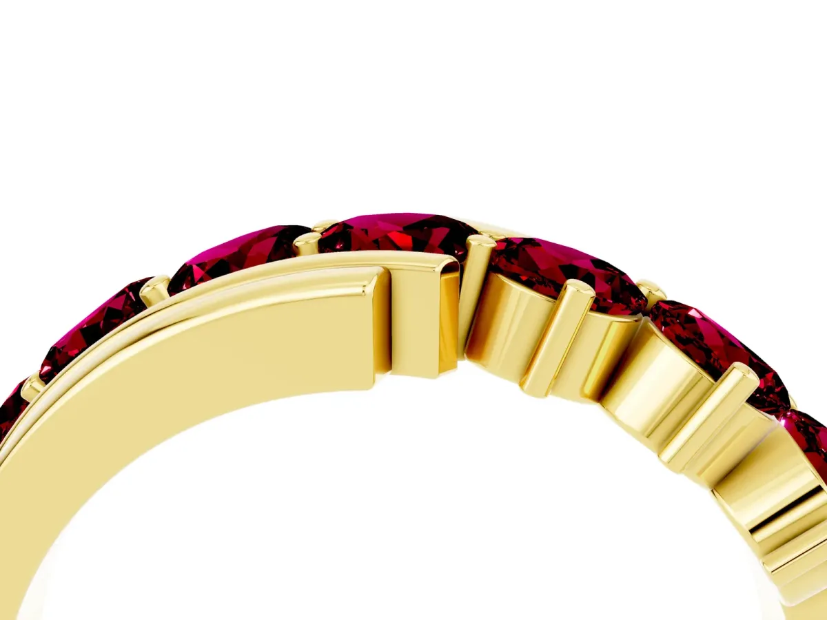 Round Garnet Wave Band with Channel and Shared Prong Setting Yellow gold