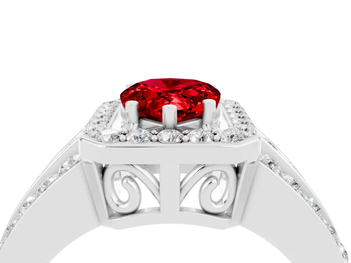 Pear Cut Halo Ruby Ring with Round Split Shank and Prong Setting Silver
