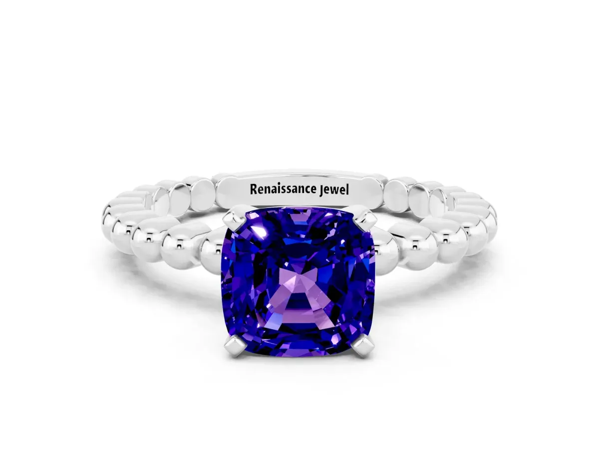 Cushion Cut Tanzanite Solitaire Ring with Beaded Band and Prong Setting Silver