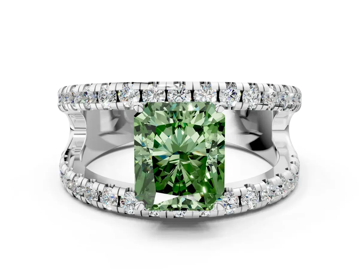 Fancy Green Radiant Cut Solitaire Split Shank Pave Diamond Ring Platinum