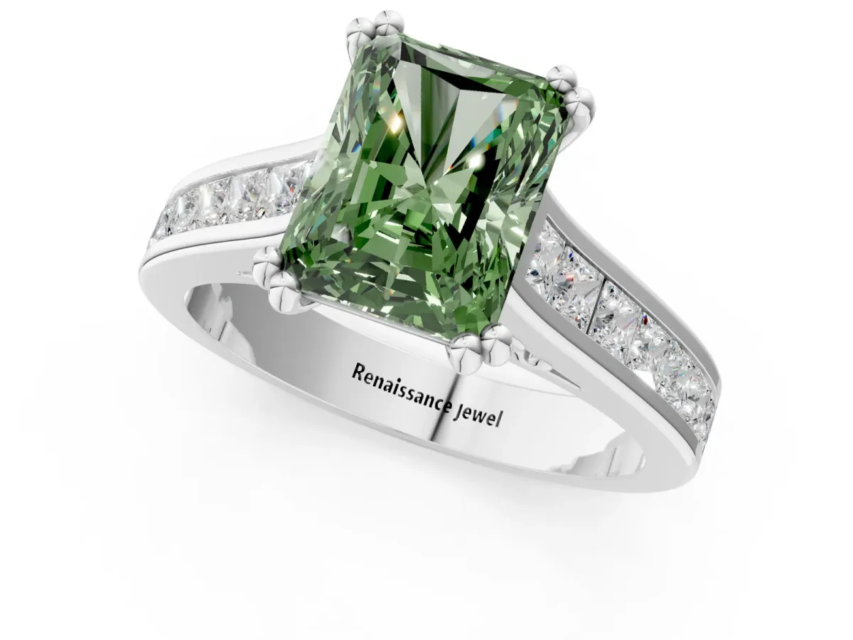 Fancy Green Radiant Cut Cut Channel Set Solitaire Engagement Ring with Prong Setting Platinum