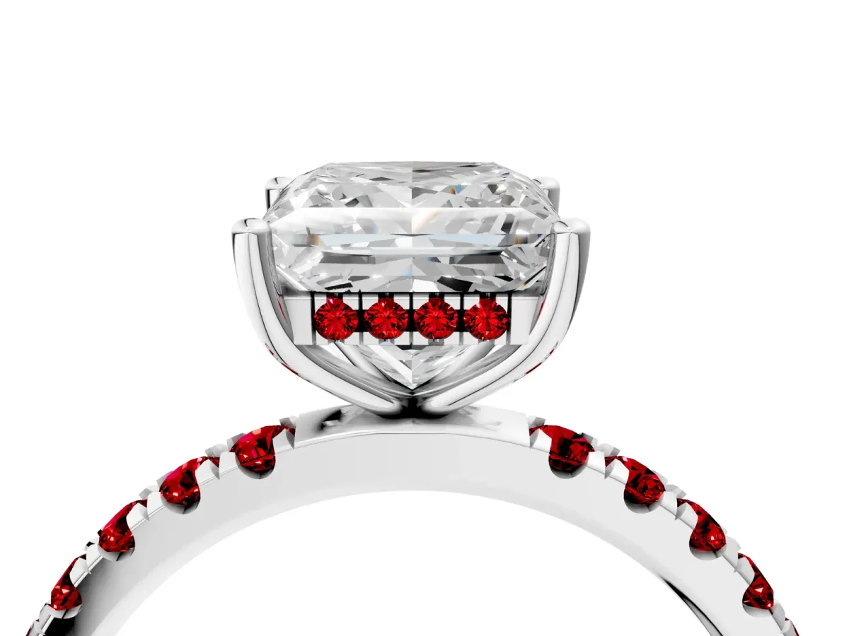 Princess Cut Diamond Pave Band Solitaire Ring with Round Ruby and Prong Setting Platinum