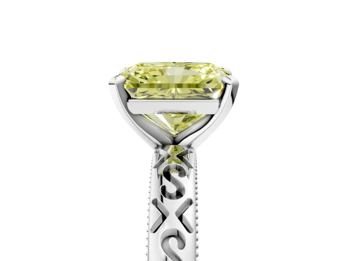 Fancy Yellow Radiant Cut Solitaire Engagement Ring with Scrollwork Band and Four-Prong Setting Platinum