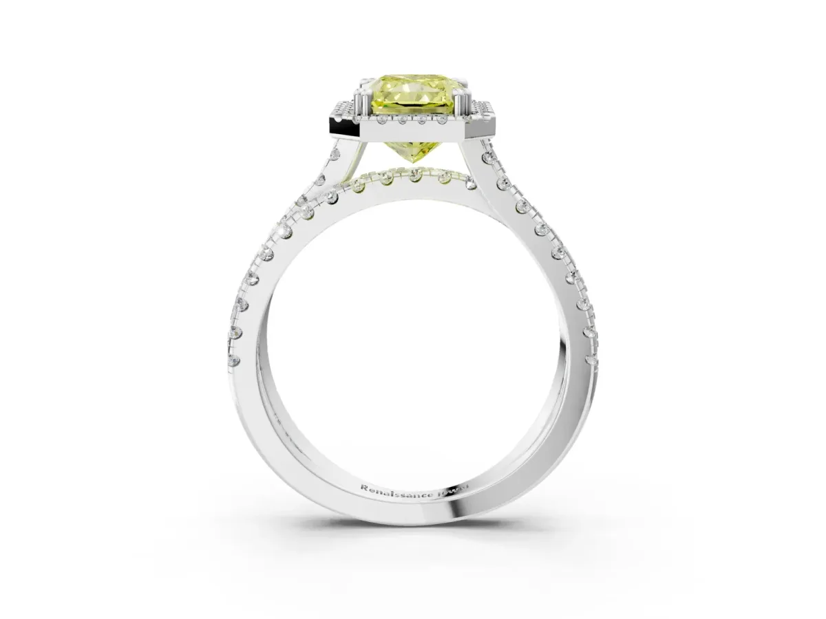 Fancy Yellow Radiant Cut Halo Split Shank Diamond Ring with Pavé Setting Platinum