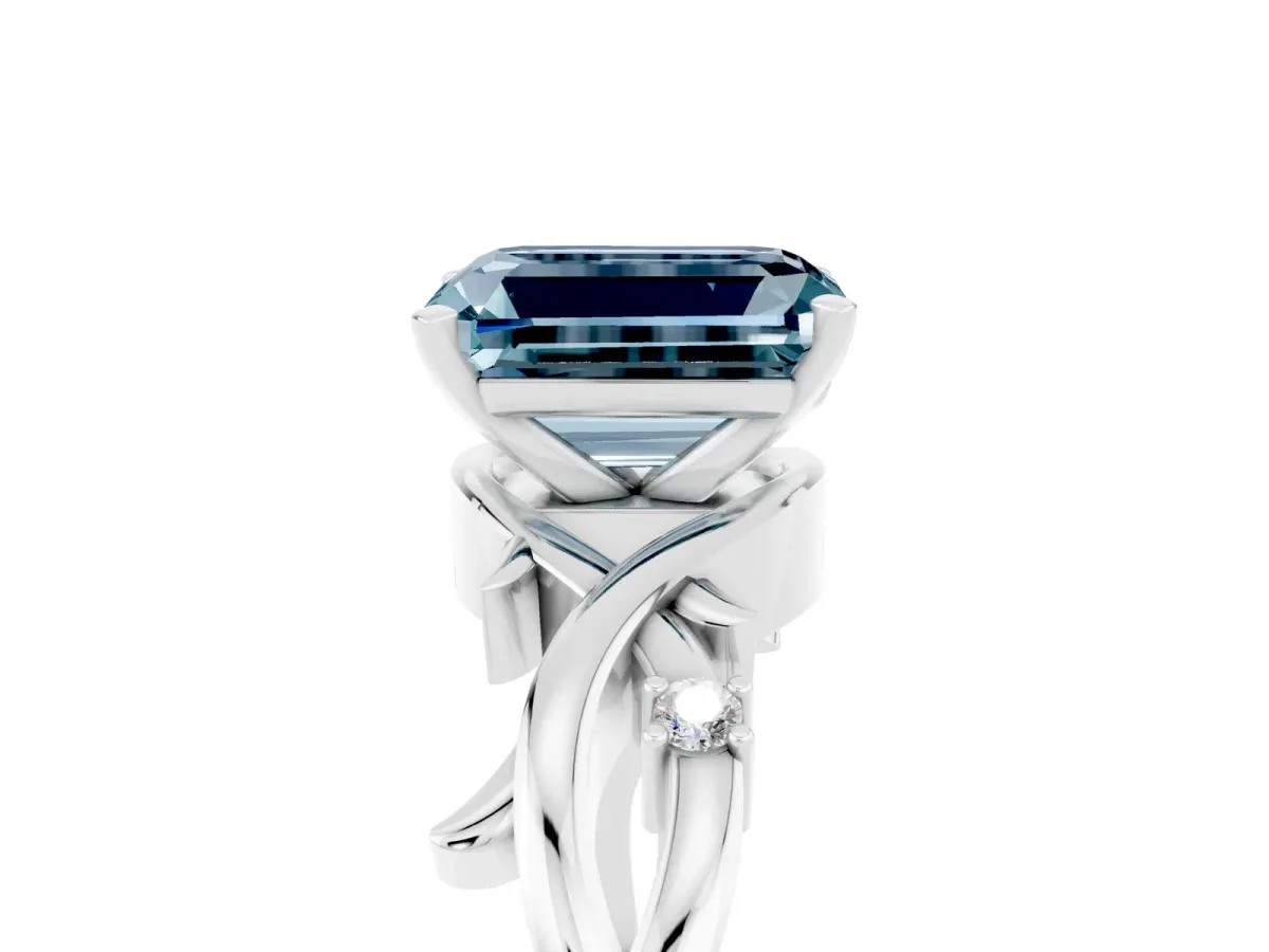 Emerald Cut Aquamarine Solitaire Ring with Twisted Band and Prong Setting Silver