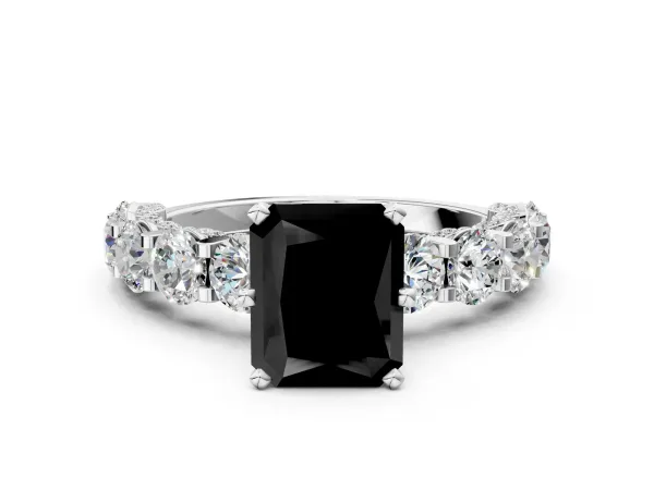 Fancy Black Radiant Cut Diamond Side Stone Engagement Ring with Four-Prong Setting White gold