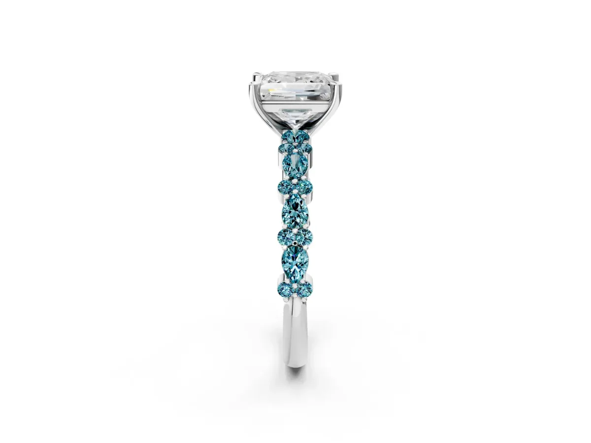 Princess Cut Diamond Side Stone Solitaire Ring with Round Blue Topaz and Four-Prong Setting Silver