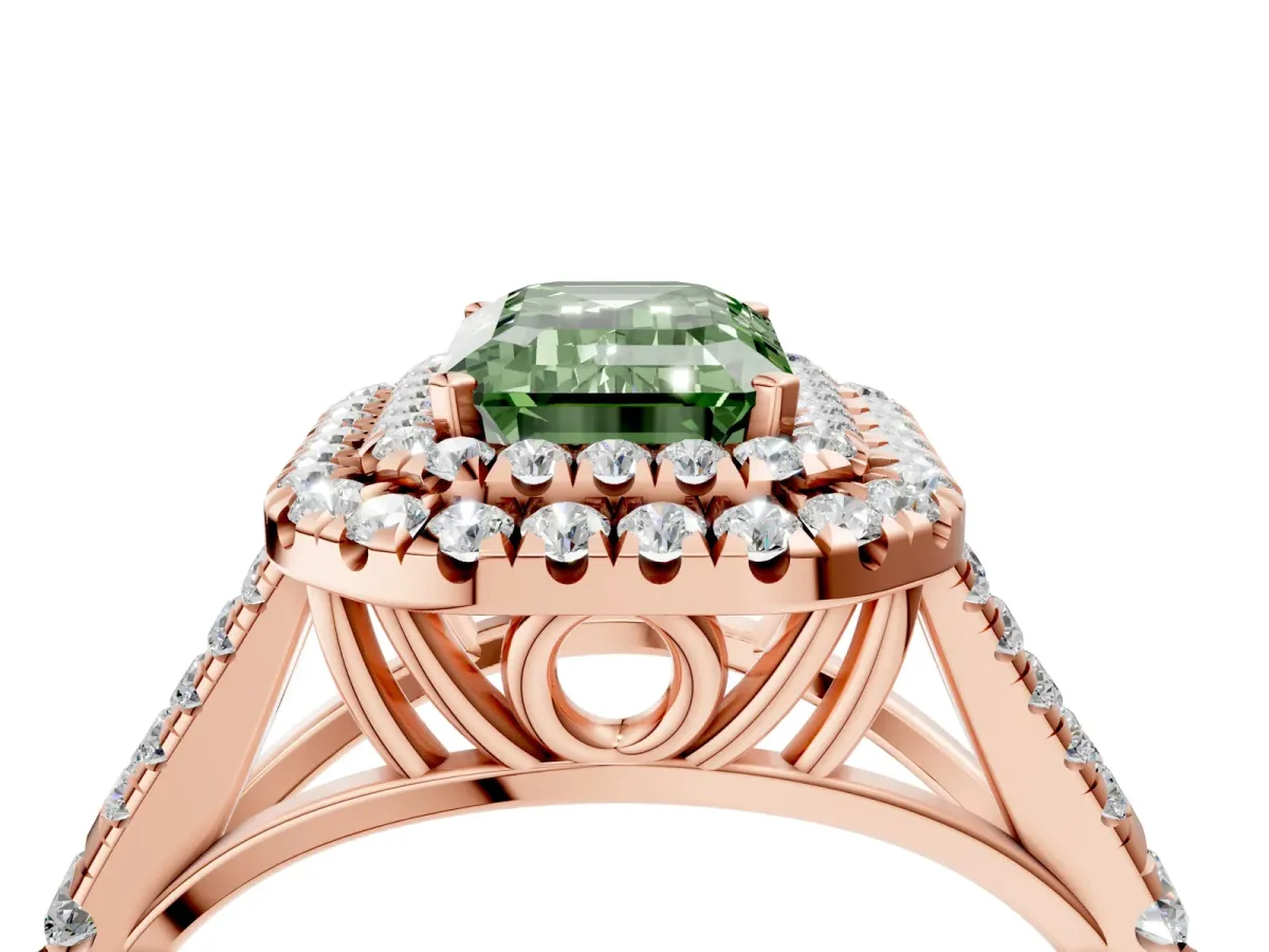 Fancy Green Emerald Cut Diamond Double Halo Ring with Split Shank and Prong Setting Rose gold