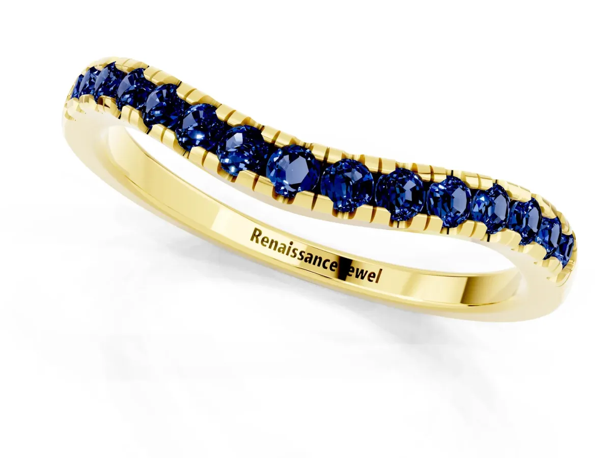 Blue Sapphire Pavé Curved Wedding Band Yellow gold