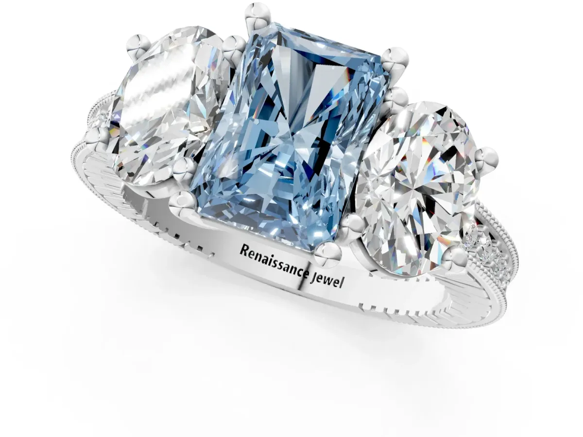 Fancy Blue Three-Stone Radiant Cut Diamond Milgrain Pave Band with Prong Setting Platinum