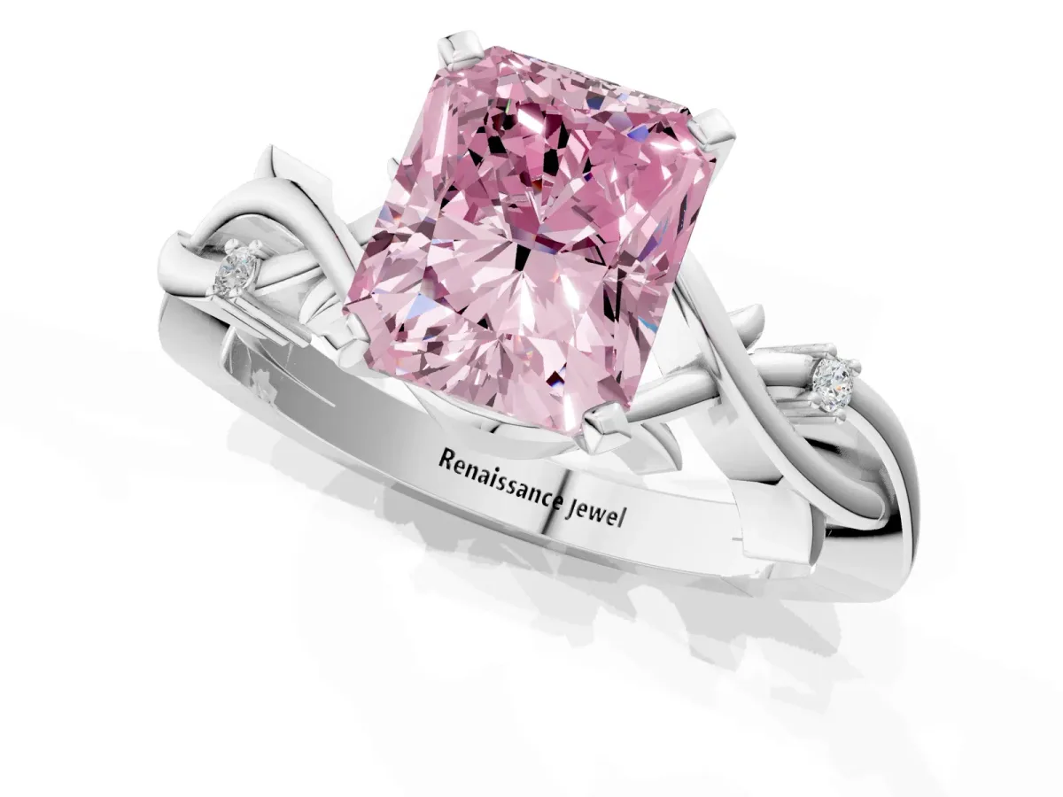 Fancy Pink Radiant Cut Diamond Solitaire Ring with Twisted Band and Prong Setting Platinum