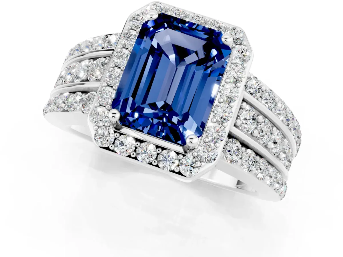 Emerald Cut Halo Blue Sapphire Ring with Round Split Shank and Prong Setting Platinum