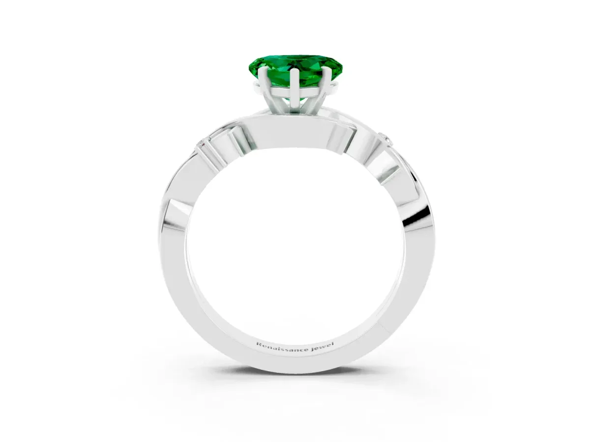 Heart Cut Emerald Solitaire Ring with Twisted Band and Prong Setting Platinum