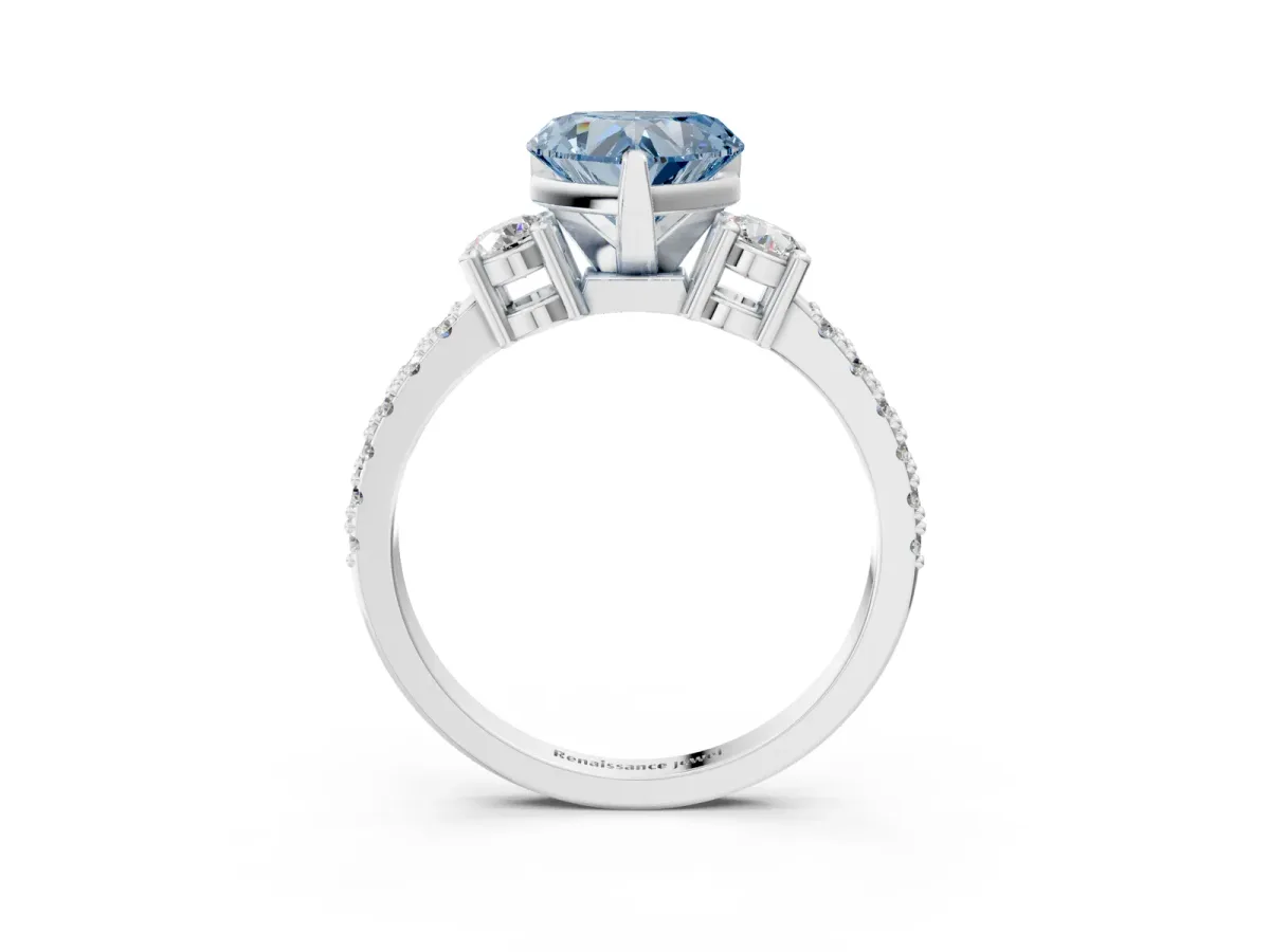 Fancy Blue Heart Cut Cut Three-Stone Diamond Pavé Band with Prong Setting Platinum