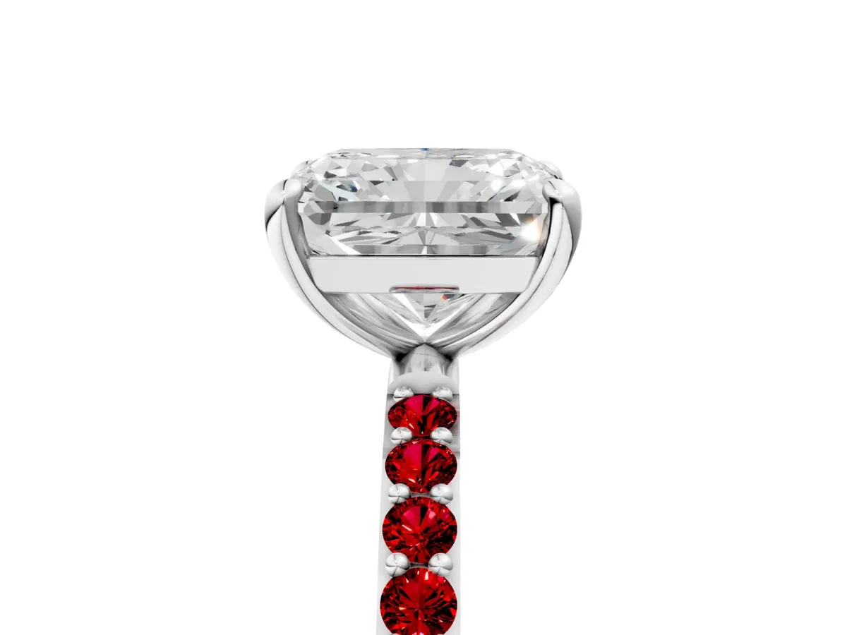 Radiant Cut Diamond Solitaire Ring with Round Ruby Pavé Band and Prong Setting Silver