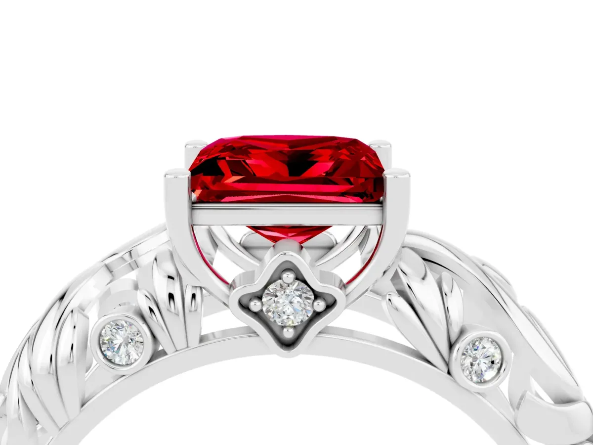 Princess Cut Solitaire Ruby Leaf-Inspired Vine Band Ring with Prong Setting White gold