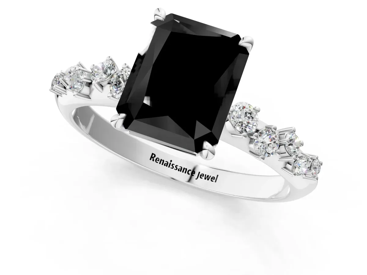 Fancy Black Radiant Cut Diamond Cluster Side Stone Solitaire Ring with Prong Setting Platinum