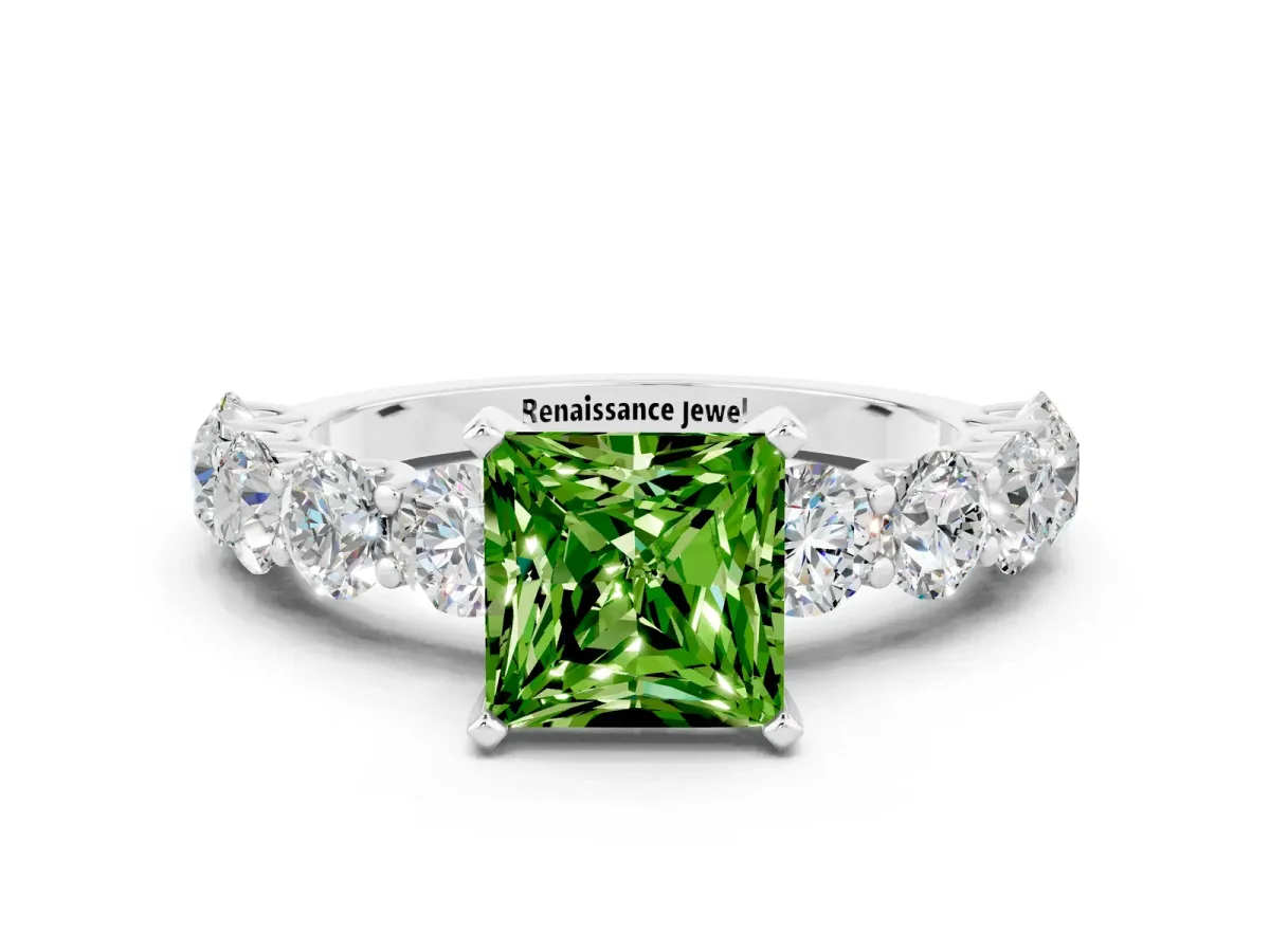 Princess Cut Peridot Prong Setting with Side Stones on a Pave Band Silver