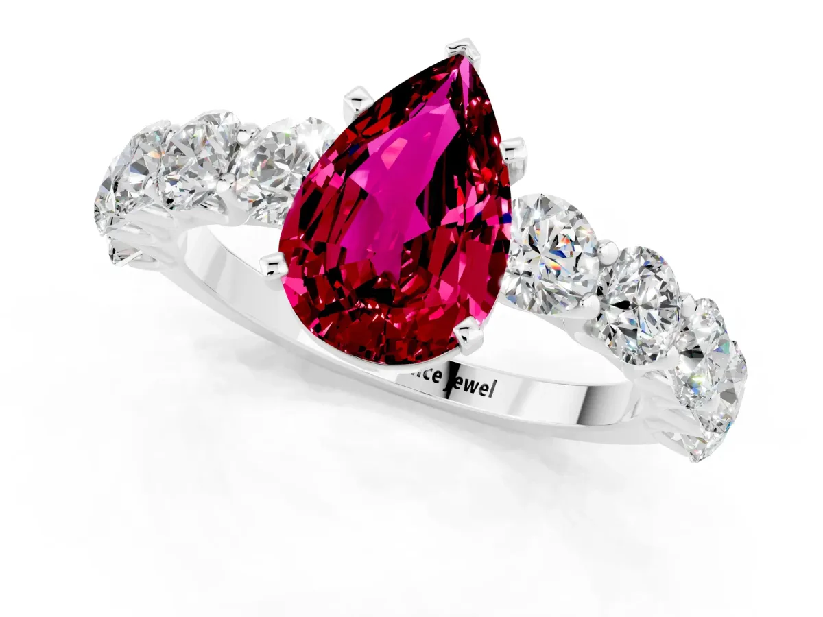 Pear Cut Garnet Prong Setting with Side Stones on a Pave Band Silver