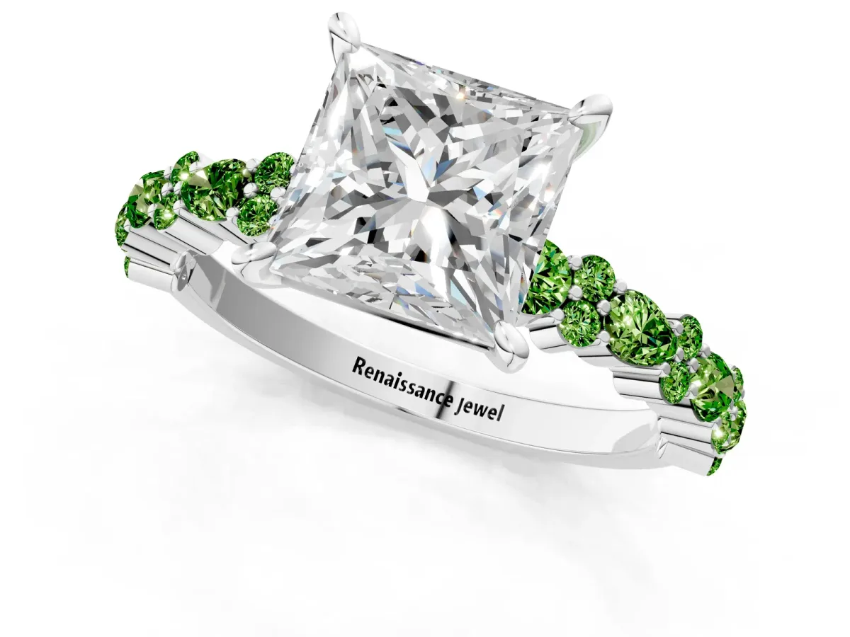 Princess Cut Diamond Side Stone Solitaire Ring with Round Peridot and Four-Prong Setting Platinum
