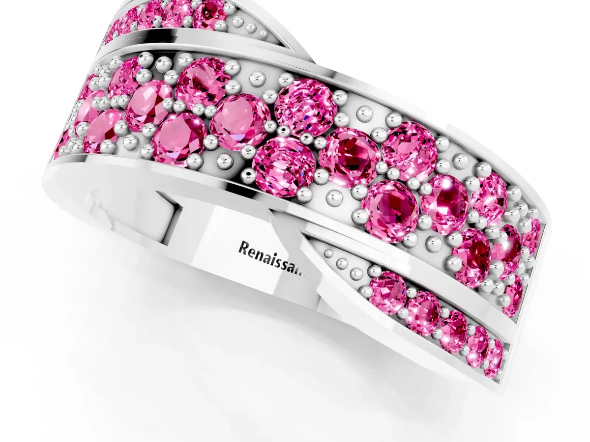 Pavé Round Pink Sapphire Crossover Band with Bead Prong Setting Silver