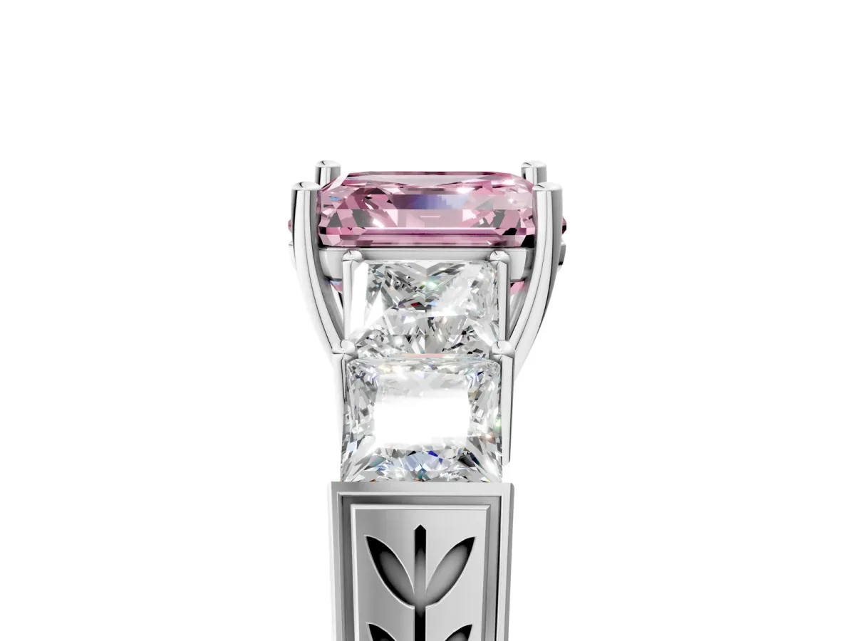 Fancy Pink Asscher Cut Solitaire Princess Side Stone Engraved Band Prong Setting Ring Silver